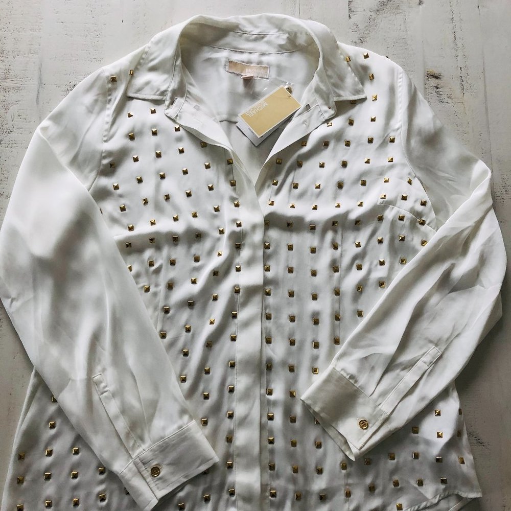 Michael Kors Gold-Studded, Silky, Ivory Top, XL